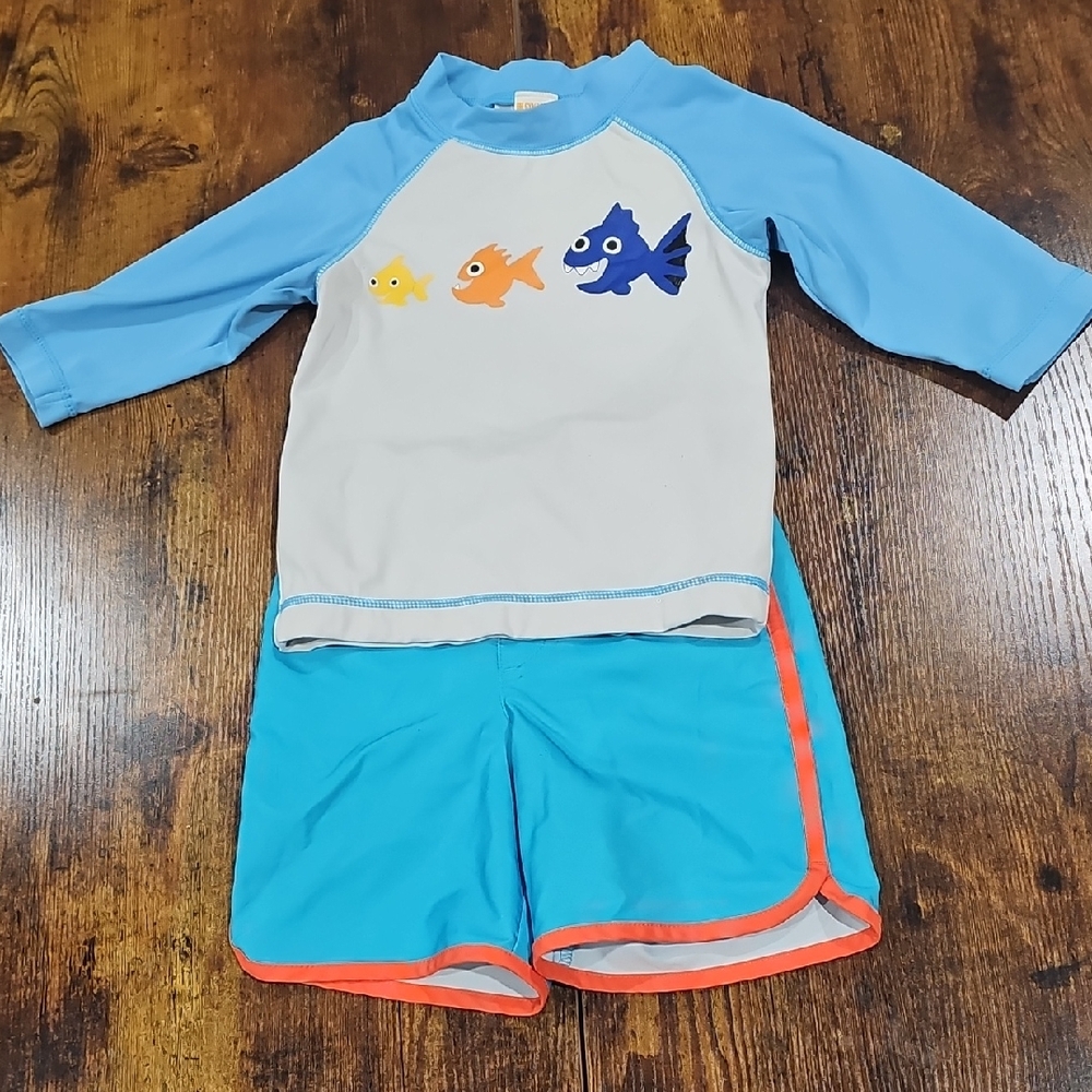 Blue & Orange Fish Rashguard Trunks Swim Set Sz 2T Toddler Boy Summer Beach
